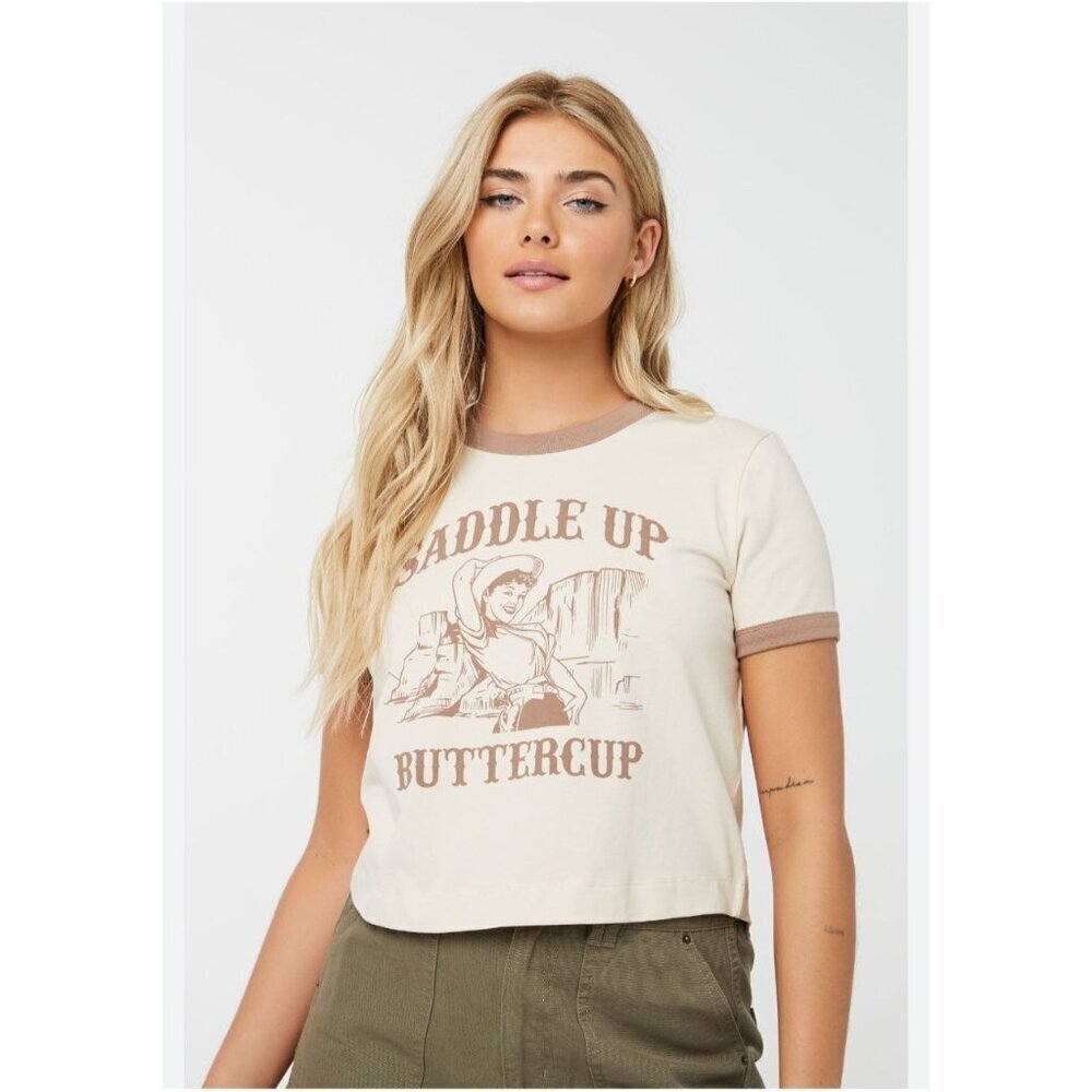 Ardene Saddle Up Buttercup Crop Tee Size M